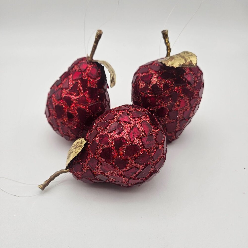 Lot of 3 Red Mosaic Glitter Fruit Apple Pear Christmas Holiday Ornaments